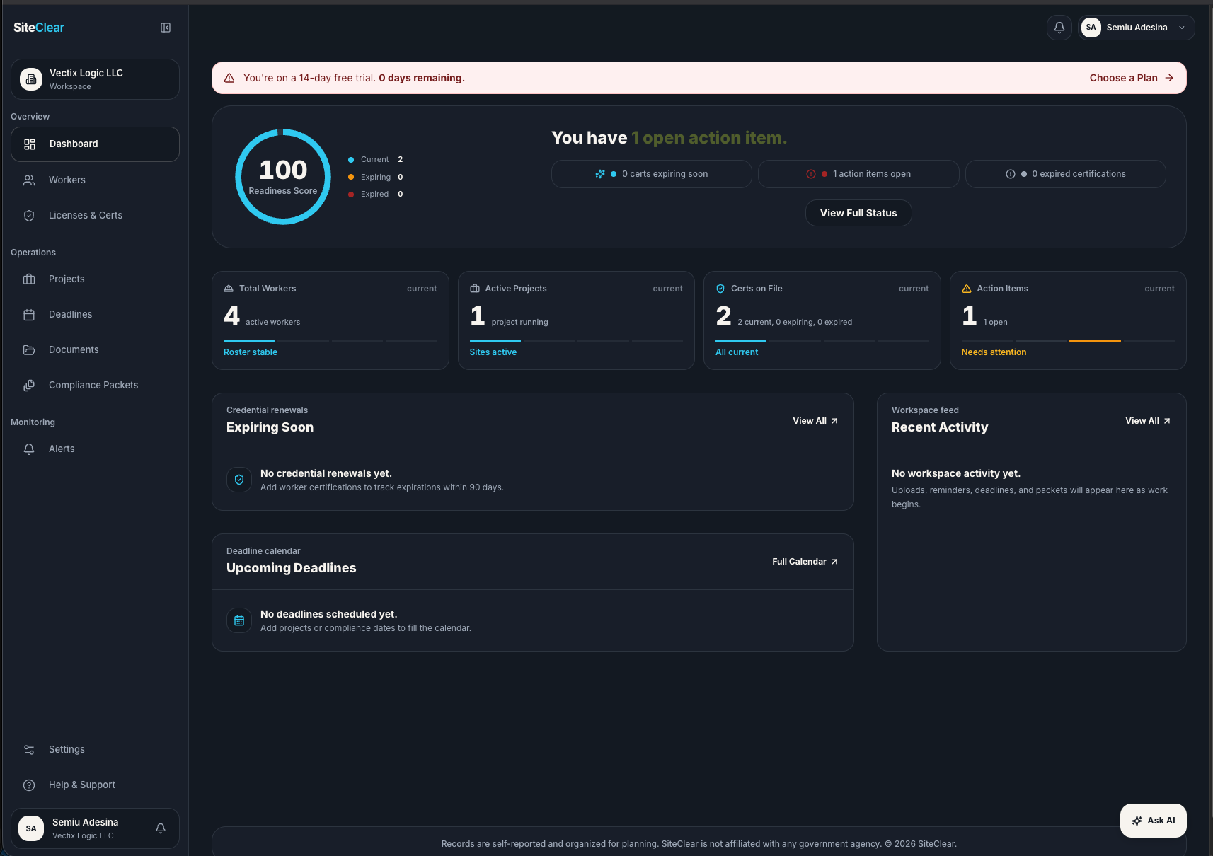 SiteClear compliance SaaS dashboard